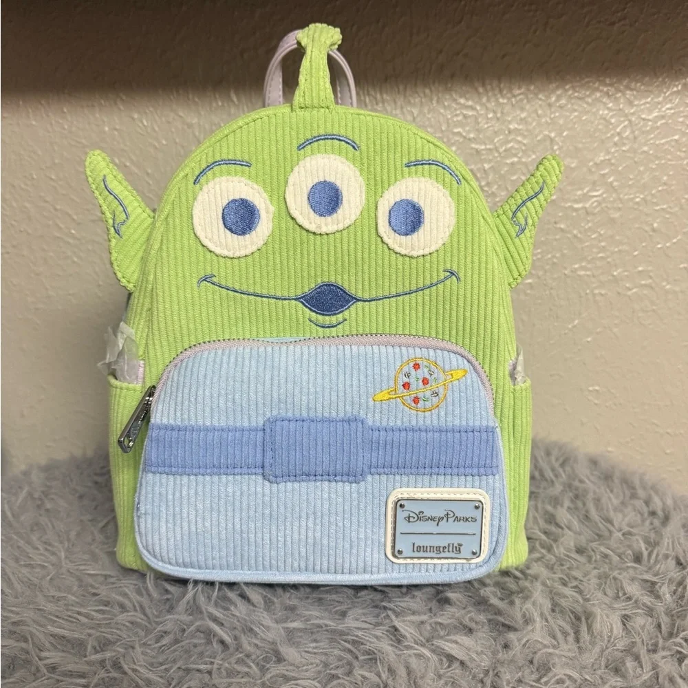 Loungefly Green Alien Corduroy Kids Backpack with Light Blue Pocket